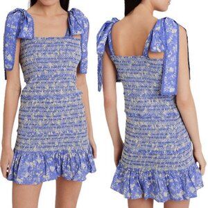 LoveShackFancy Belle Smocked Tie Straps Cotton Mini Dress Blue Jay Floral Print